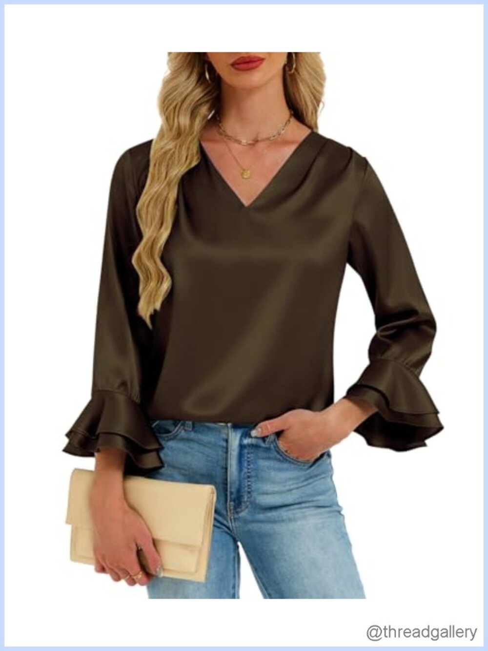 Women's Satin Silk Blouse 3/4 Ruffled Sleeves V-Neck Pleated Business Casual Top